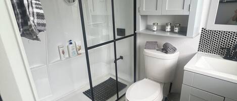 A modern bathroom with a glass-enclosed shower, a toilet, and a sink.