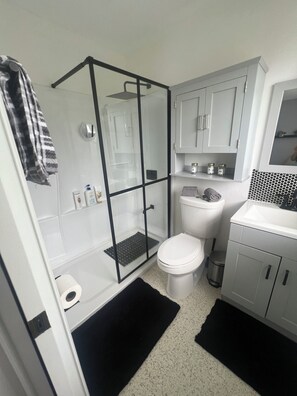 Shower, hair dryer, towels, soap