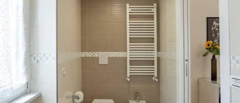 Regadera, secadora de cabello, bidet, toallas