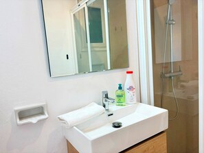 Regadera, secadora de cabello, toallas, papel de baño 