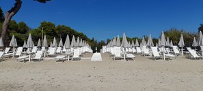 Relax in style with our beachside lounge chairs and umbrellas, perfectly arranged for a serene and spacious beach experience.