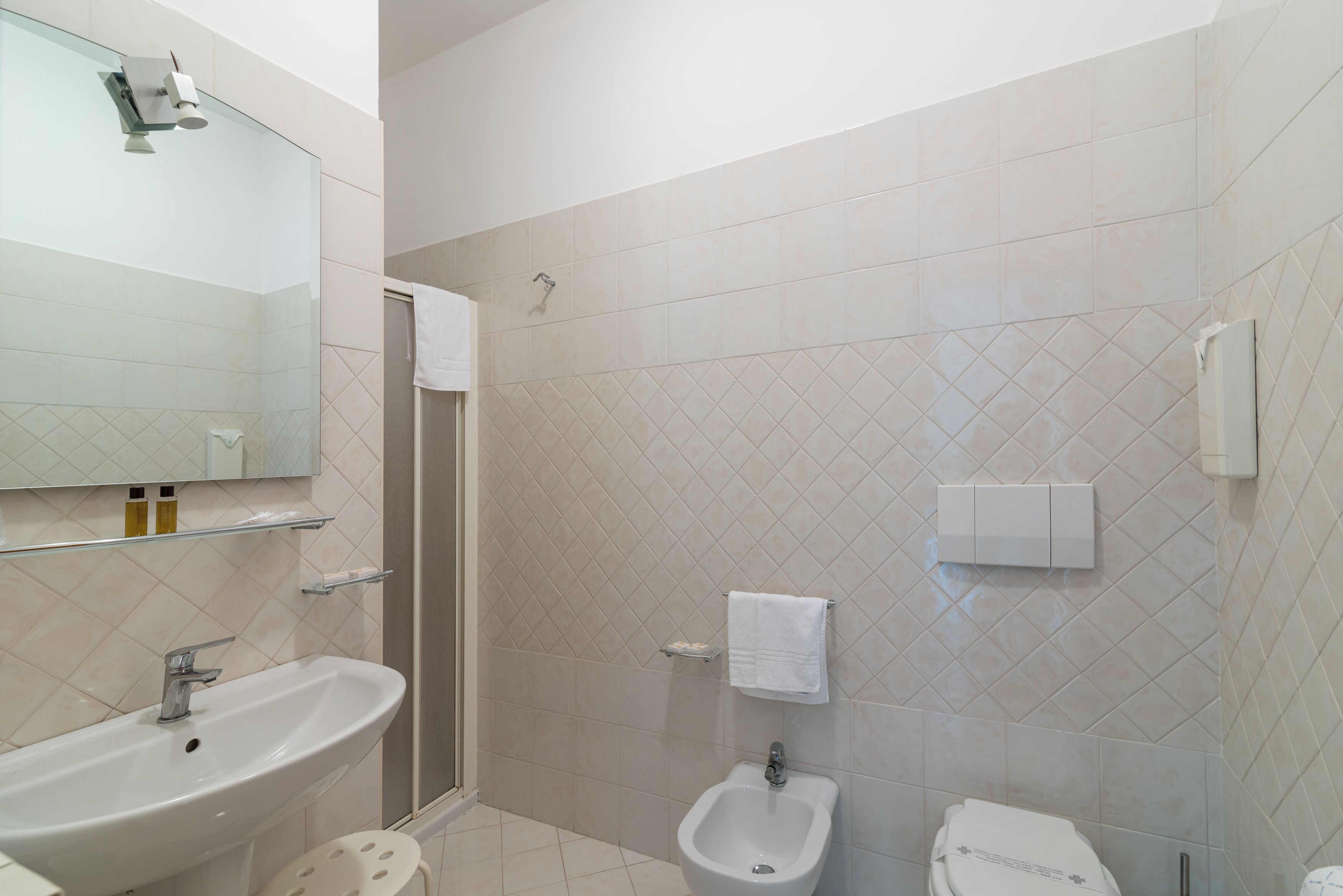 A bathroom with a sink, bidet, and shower.