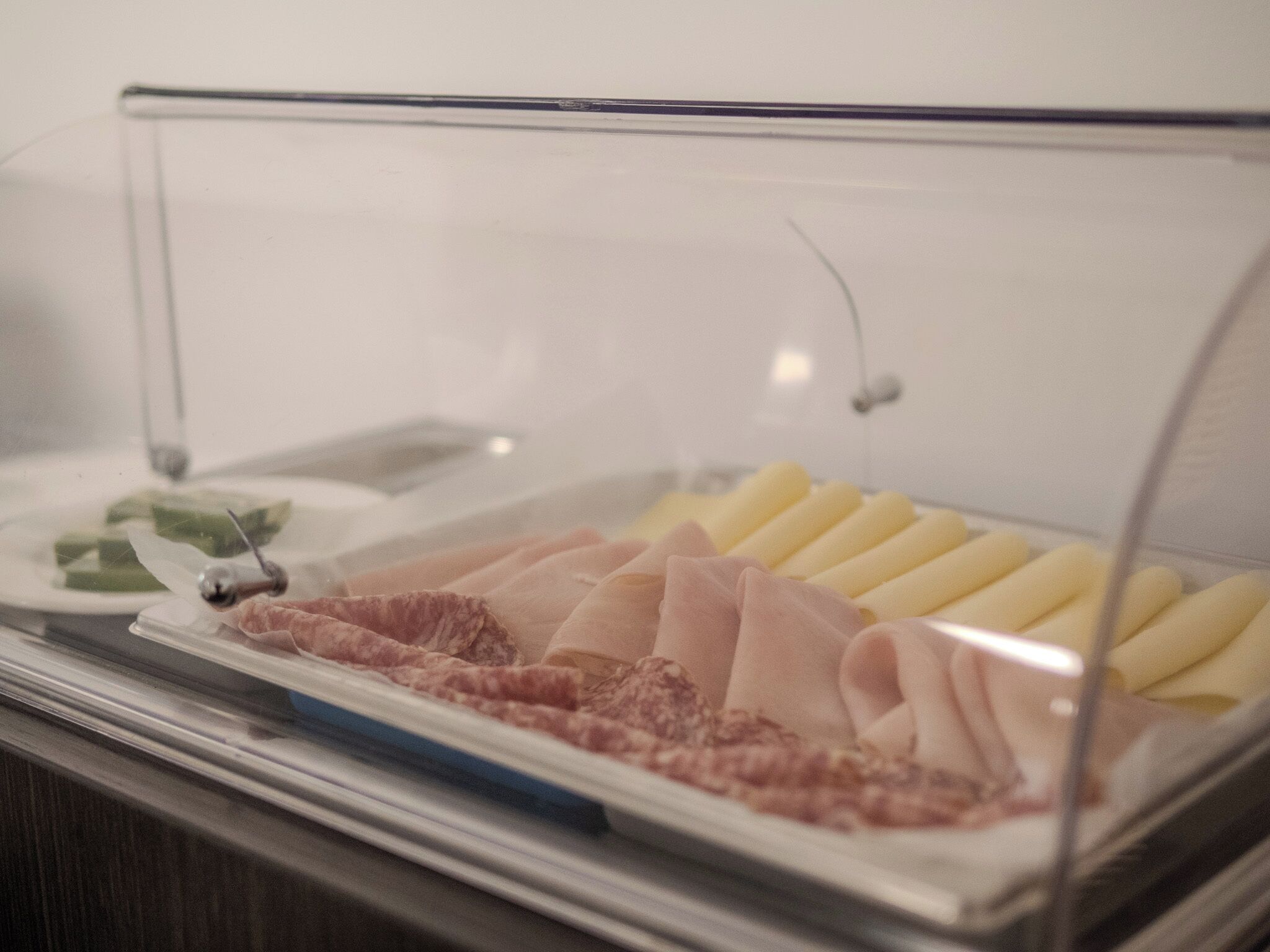 A food display case with various meats and cheeses.