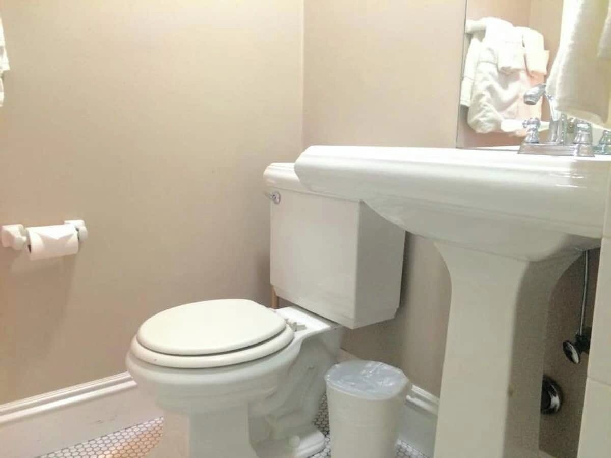 Een badkamer met toilet, wastafel en een handdoek aan de wand.