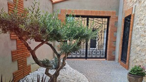 A courtyard with a brick wall, a metal gate, and a potted plant. - Charming town center residence with terrace and view of the Canigou mountains (Thuir)