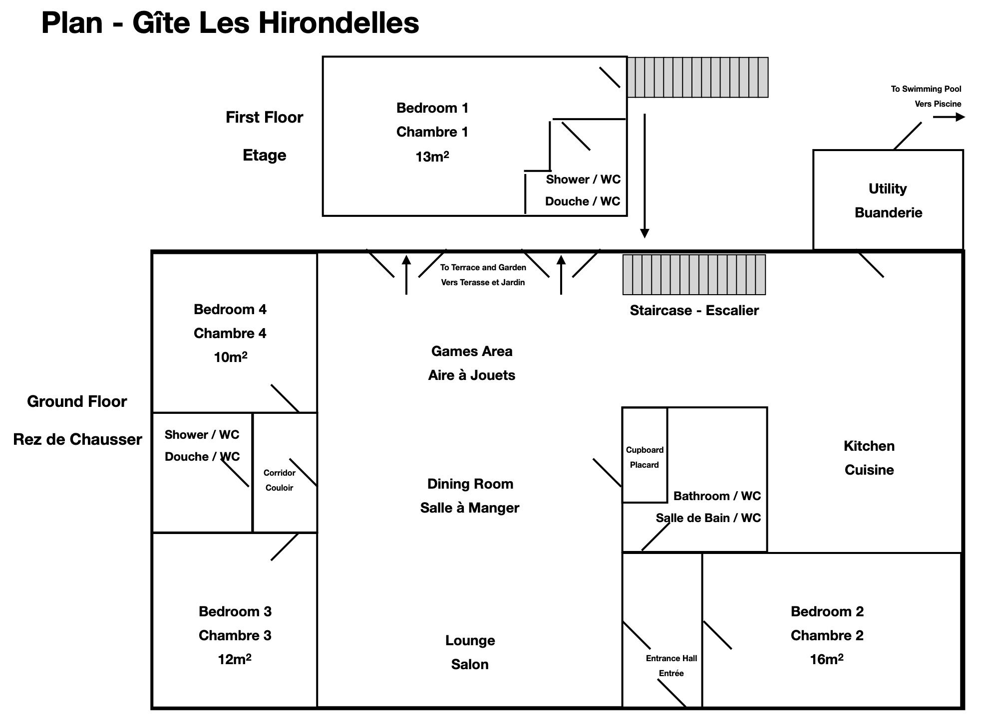 Un plan d’étage de l’hôtel appelé « Gîte Les Hirondelles », avec les différentes pièces et commodités clairement indiquées.
