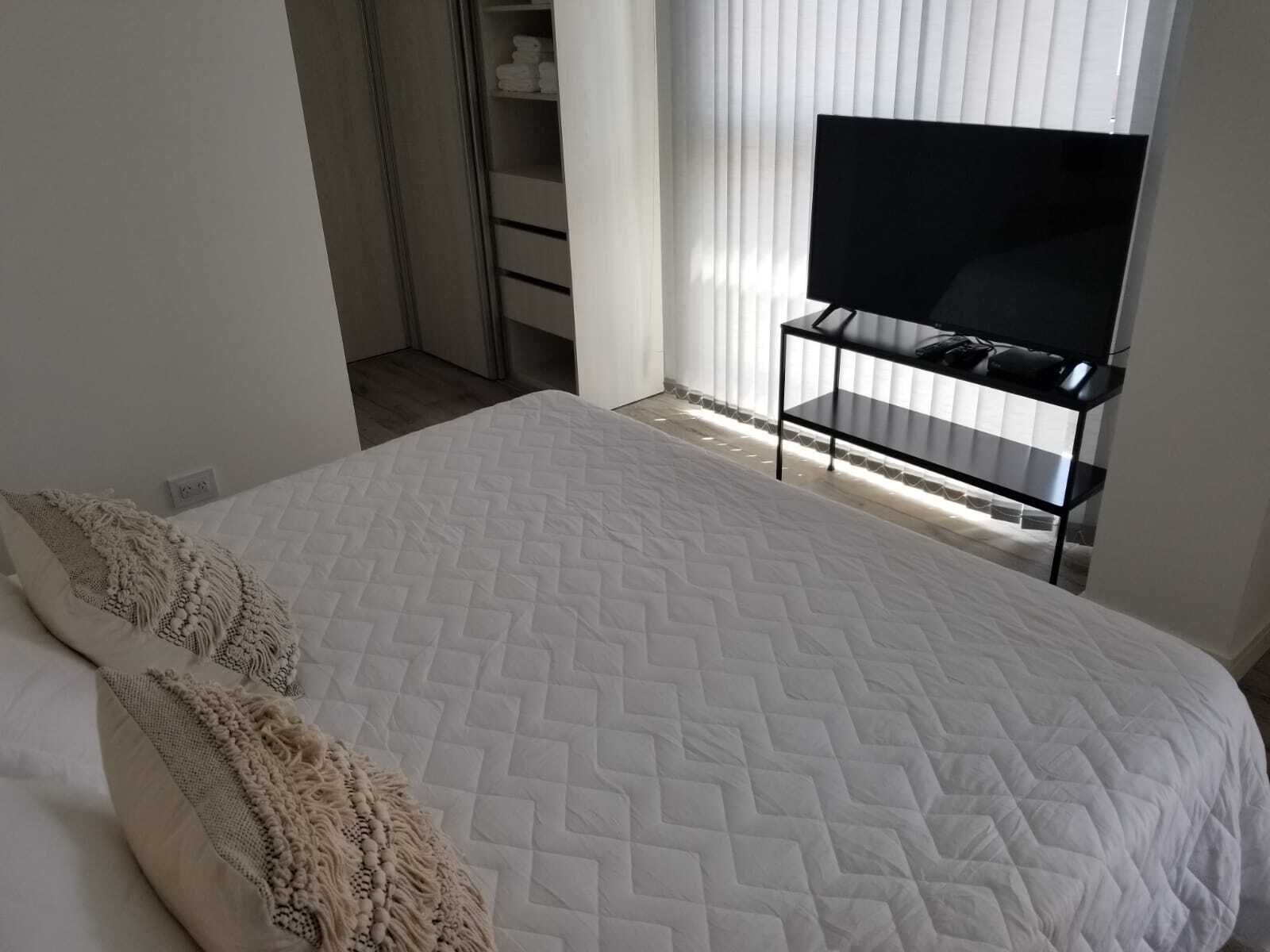 A bedroom with a bed, a TV on a stand, and a closet.