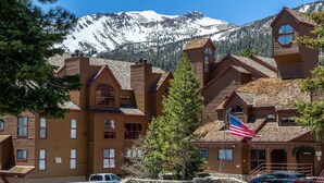 A wooden building with multiple windows and a flag, surrounded by trees and mountains in the background.