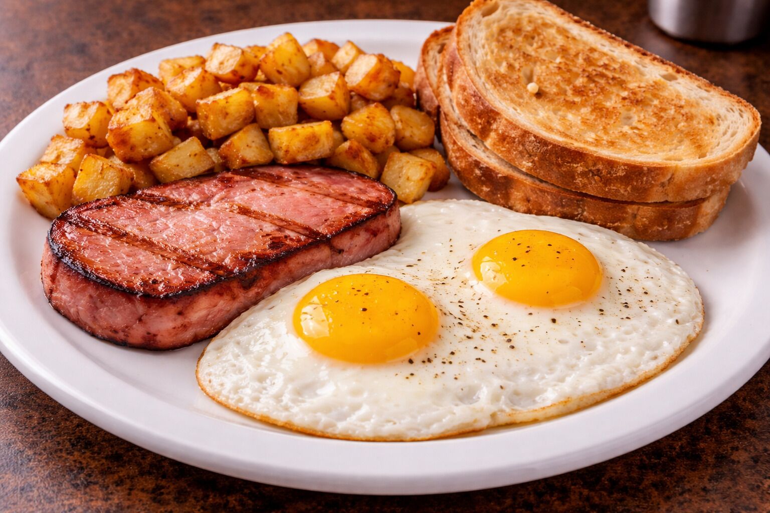 Un plato con bistec, huevos fritos, patatas ralladas y tostadas.