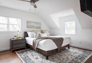 4 bedrooms, memory foam beds, desk, iron/ironing board