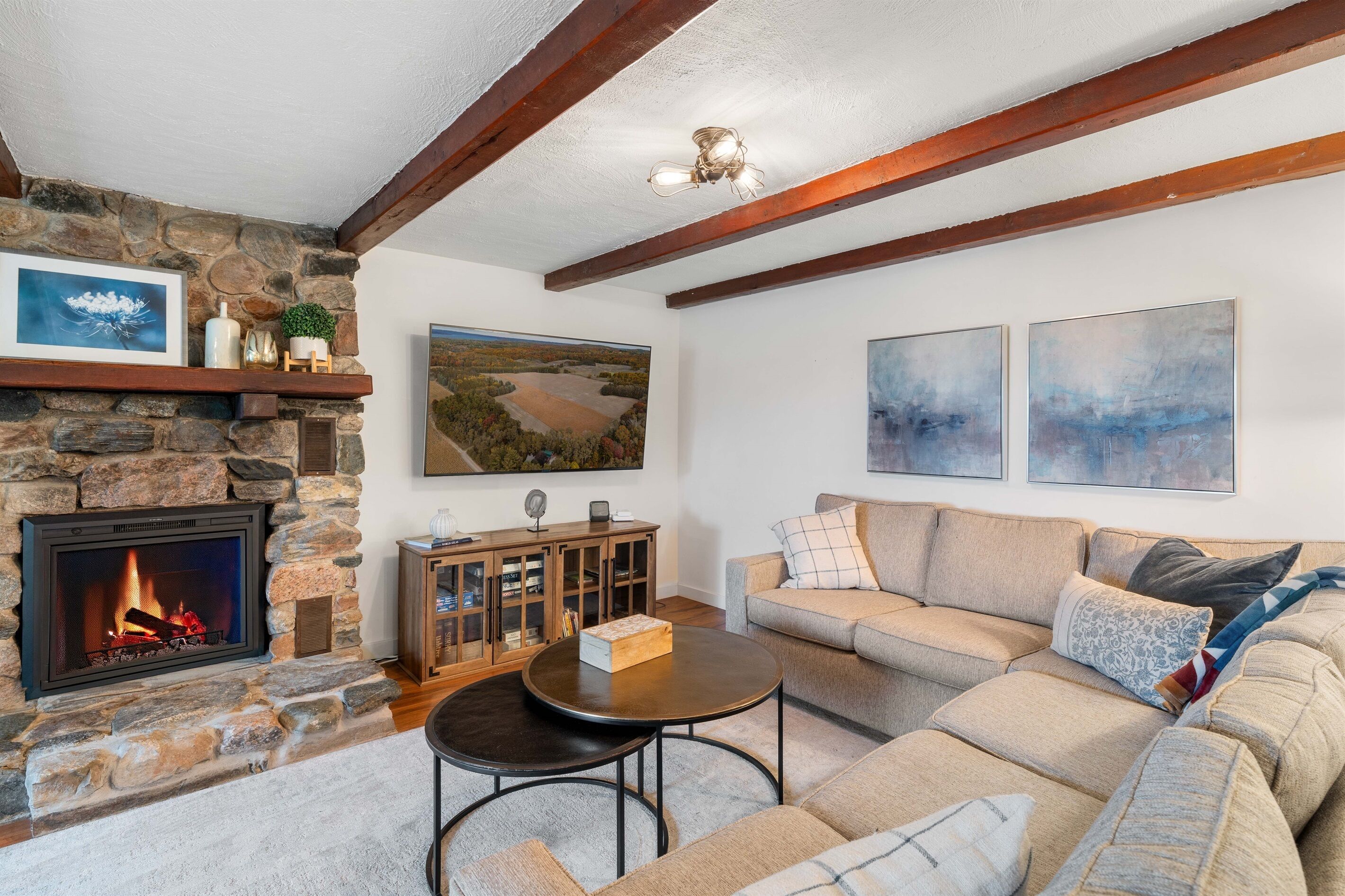 Smart TV, caminetto, tavolo da calcetto, libri