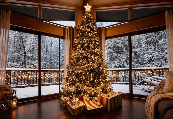 A large Christmas tree with lights and ornaments in a room with large windows and a balcony.