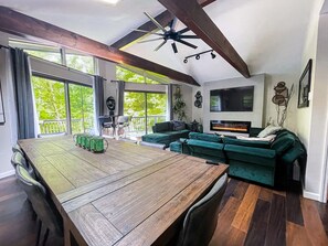 Smart TV, fireplace, video games, foosball