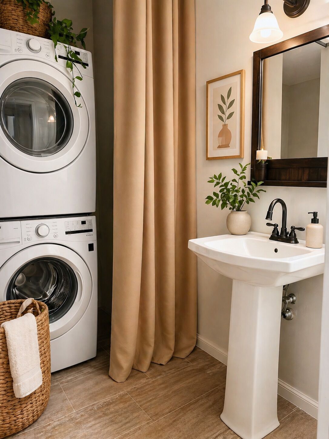 A laundry area with a washing machine, a sink, and a mirror.