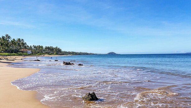 A beach with clear skies, calm waters, and a distant island.