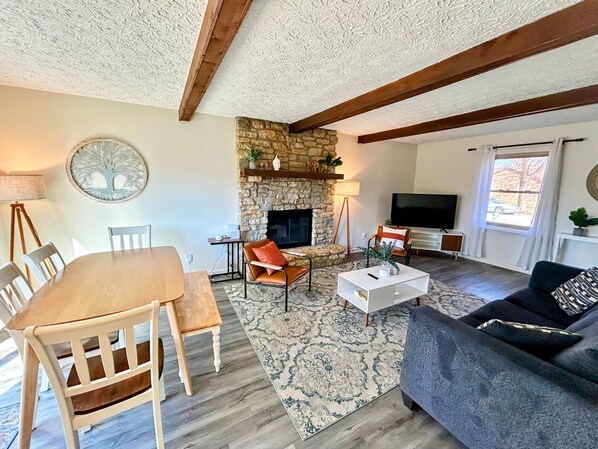 Smart TV, fireplace, books