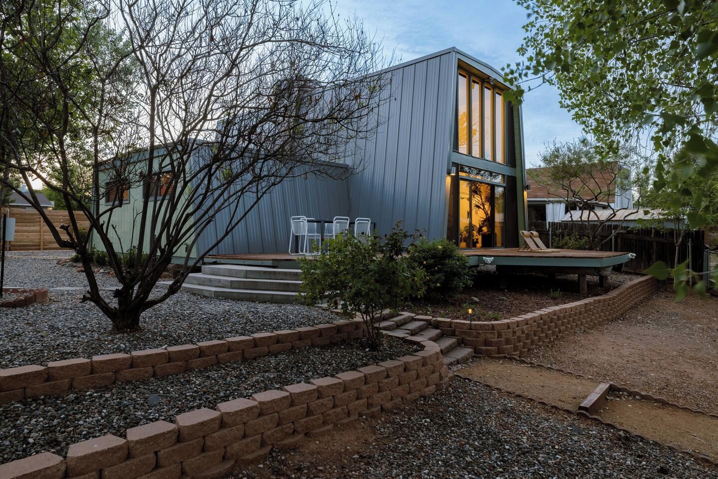 A-frame exterior with steps up to the deck