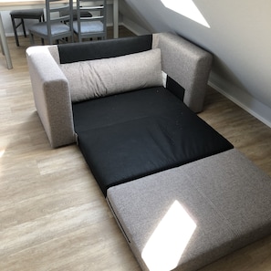 Cozy sleeping area with a sofa bed and dining space.