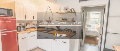 Fridge, microwave, stovetop, coffee/tea maker