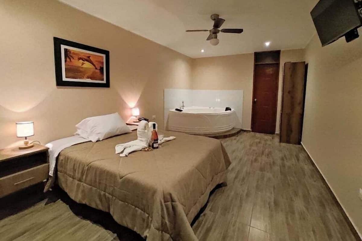 Habitación de hotel con cama, mesita de noche, lámpara, ventilador de techo y un espejo grande.