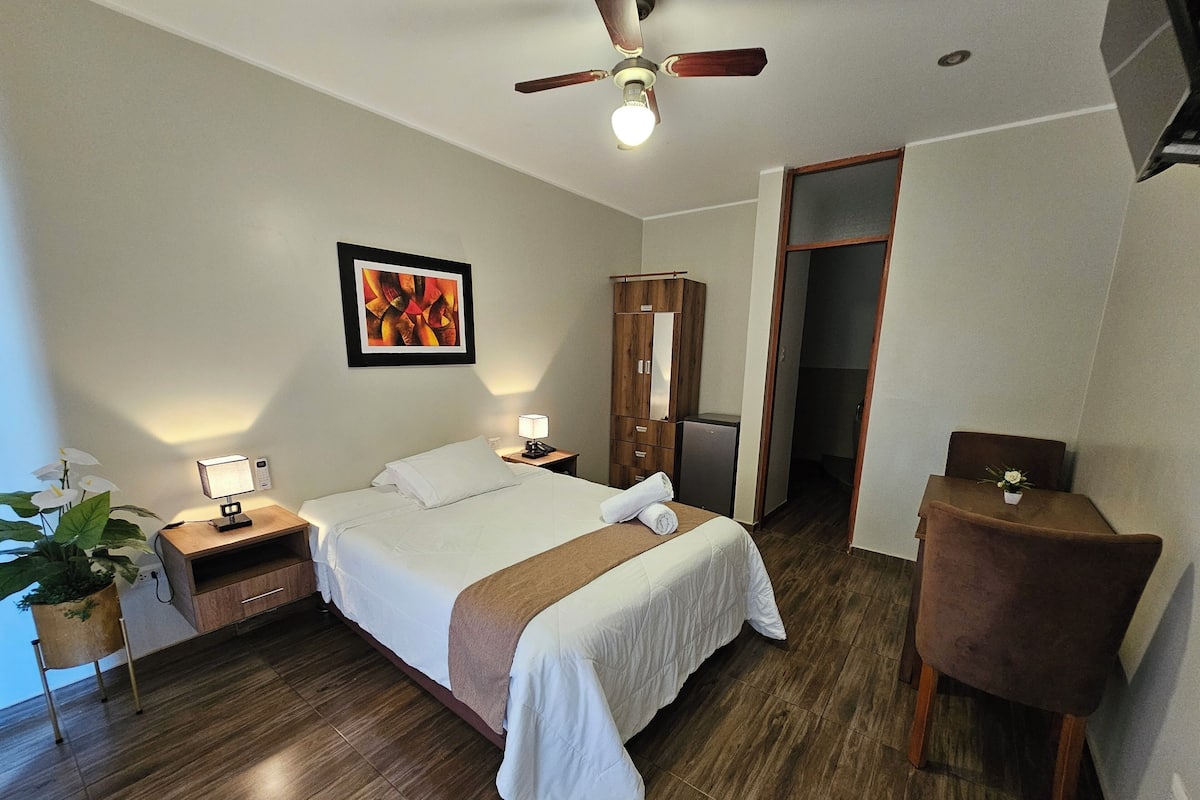 Una habitación de hotel con cama, mesita de noche, lámpara, ventilador de techo y una planta en maceta.