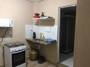 Fridge, microwave, stovetop, blender