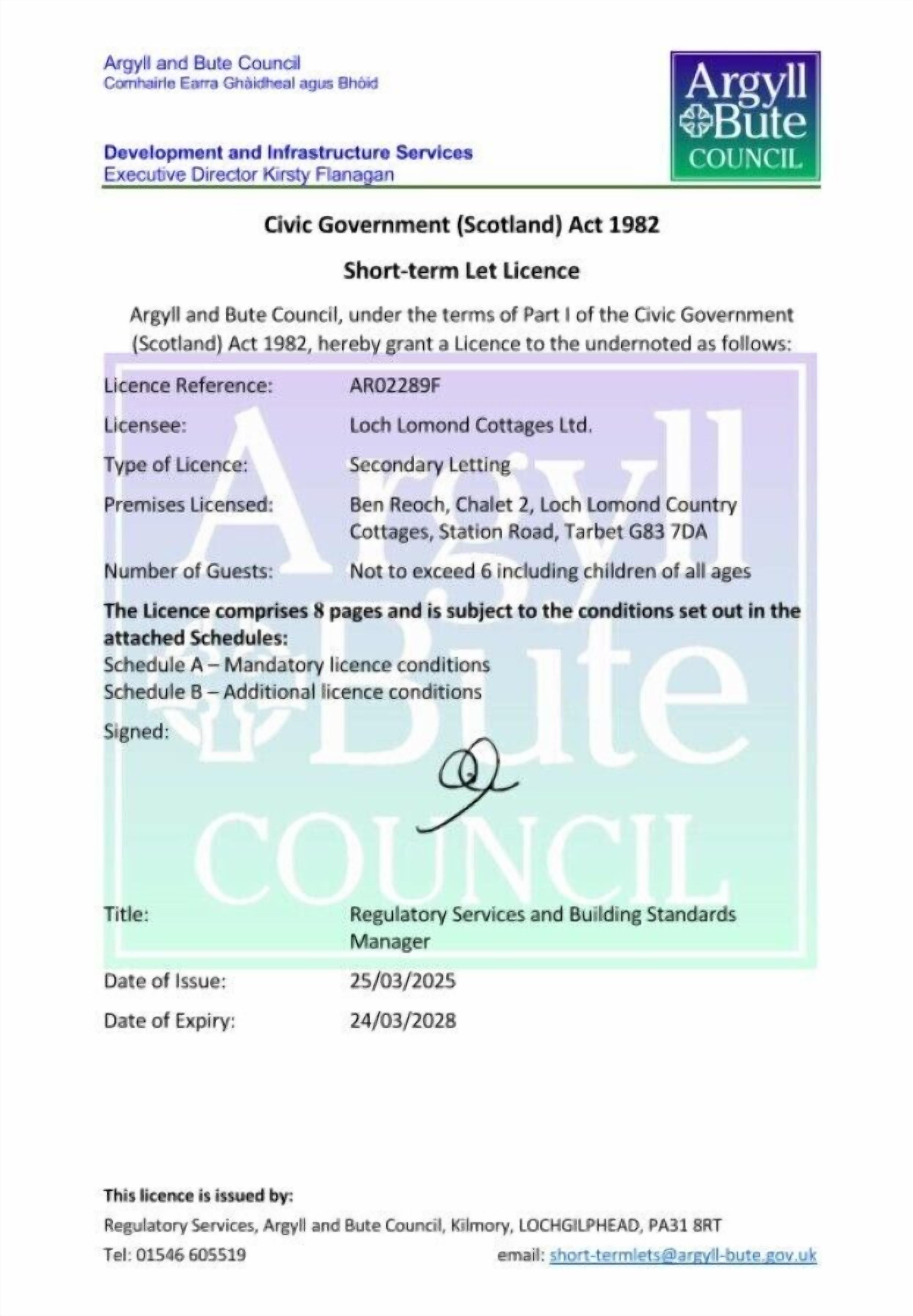 A short-term let license document for Loch Lomond Cottages Ltd.