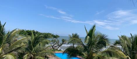A pool area with palm trees, a thatched roof structure, and a view of the ocean.