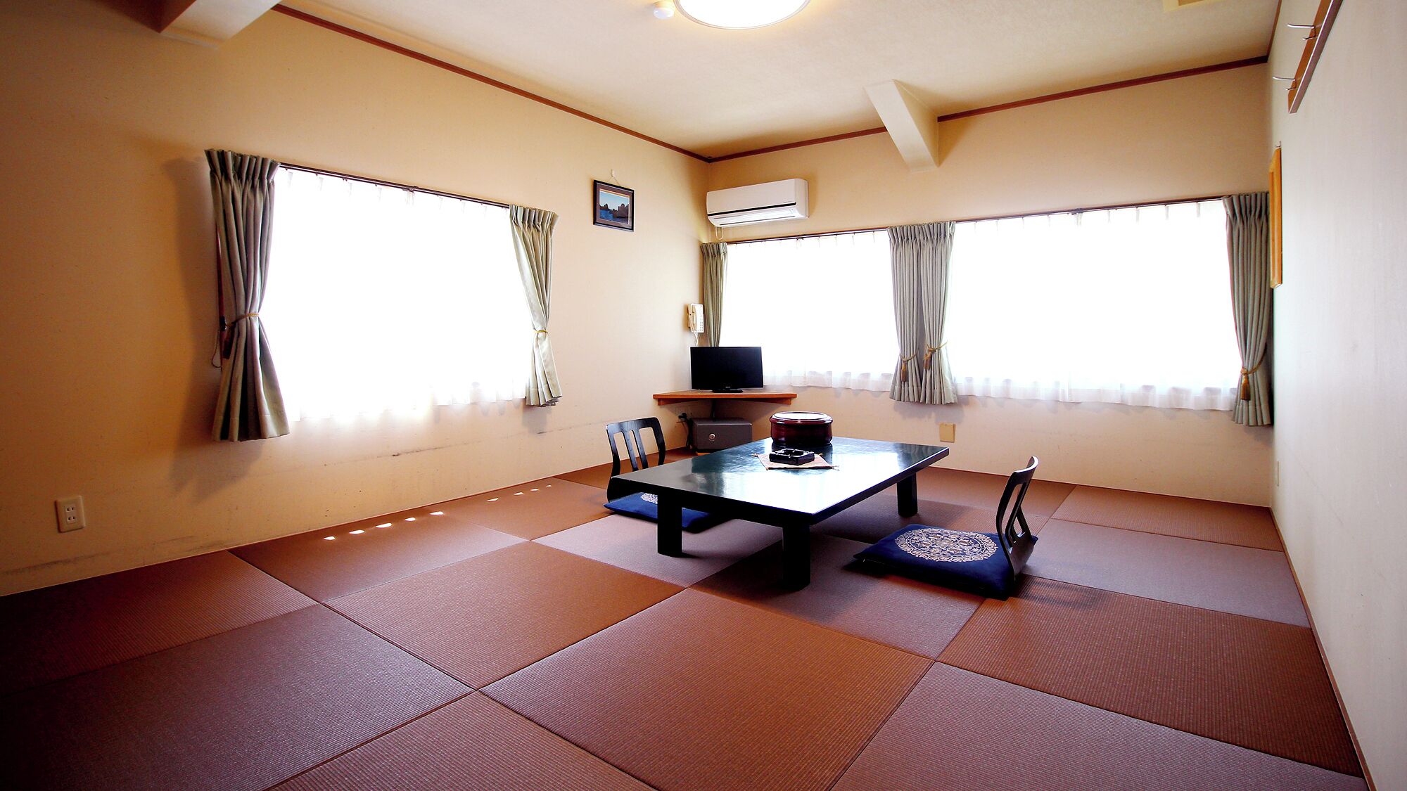 A room with tatami mats, a table with chairs, a television, and large windows with curtains.