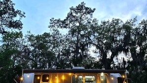A stationary RV with multiple windows, string lights, and a ladder.