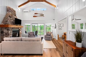 Télévision, cheminée, livres