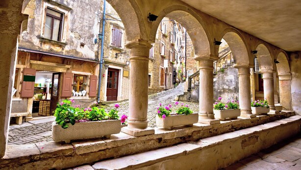 An arched corridor with stone columns, potted plants, and a cobblestone street. - Holiday apartment mit Pool und Klimaanlage (Mekiši kod Vižinade)