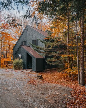 A rustic cabin with a sloped roof, surrounded by autumn foliage.
