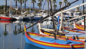 A marina with various colorful boats docked, surrounded by palm trees and a mountainous backdrop. - Apartment with harbor and sea view 4PPII26 (LE BARCARES)