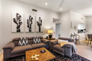 Smart TV, fireplace, DVD player, books