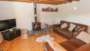 A cozy living room with a stone fireplace, a leather sofa, a television, and a stone bench. - Ty Mellen (Newport)