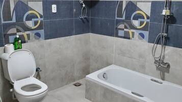 A bathroom with a toilet, bathtub, shower, and a water heater.