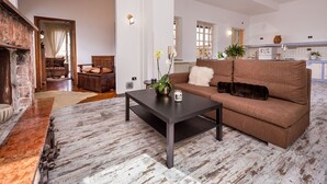 Een ruime woonkamer met een open haard, een bank, een salontafel, en een keuken op de achtergrond.