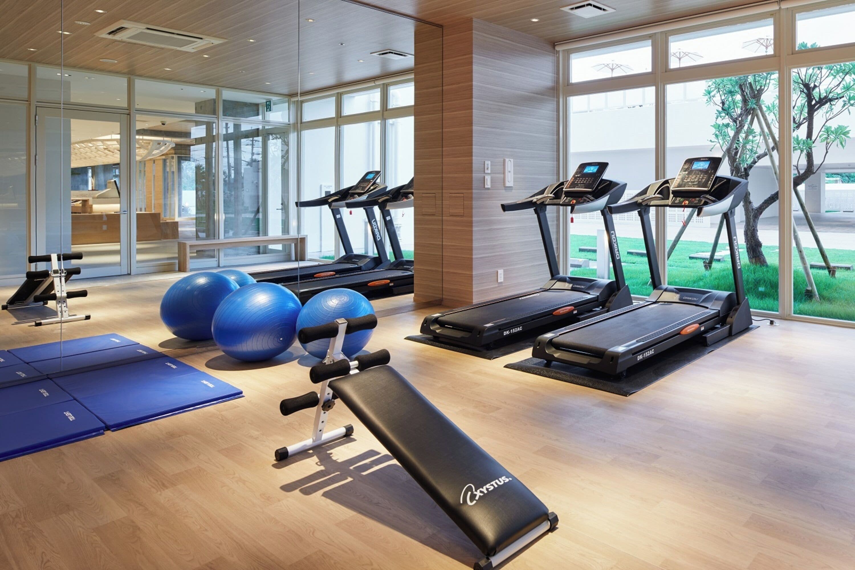 A modern gym with treadmills, exercise balls, and a bench.