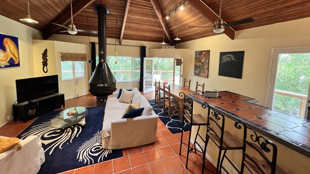 A spacious living area with a high ceiling, a fireplace, a sofa, a TV, and a dining area with chairs and a table. - Hideaway Steps to Beaches of Leucadia (Encinitas)