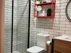 Shower, hair dryer, towels, toilet paper