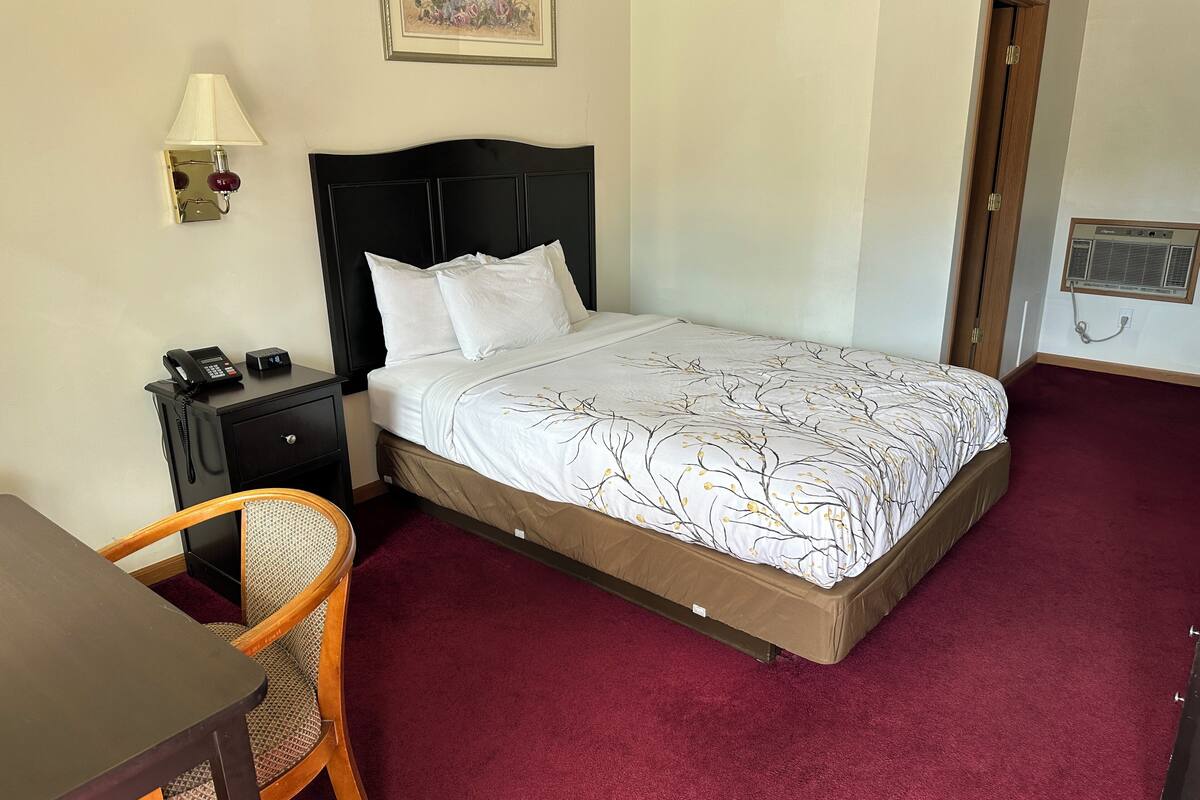 A hotel room with a bed, a desk with a phone, a chair, a lamp, and a picture on the wall.