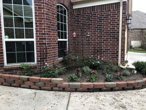 Stunning corner building with a garden featuring a variety of plants and pink roses.