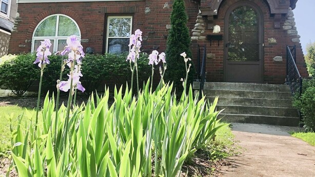 Une maison à deux étages avec une cheminée en briques, une porte d’entrée surmontée d’un arc en pierre et un petit jardin parsemé de fleurs violettes.