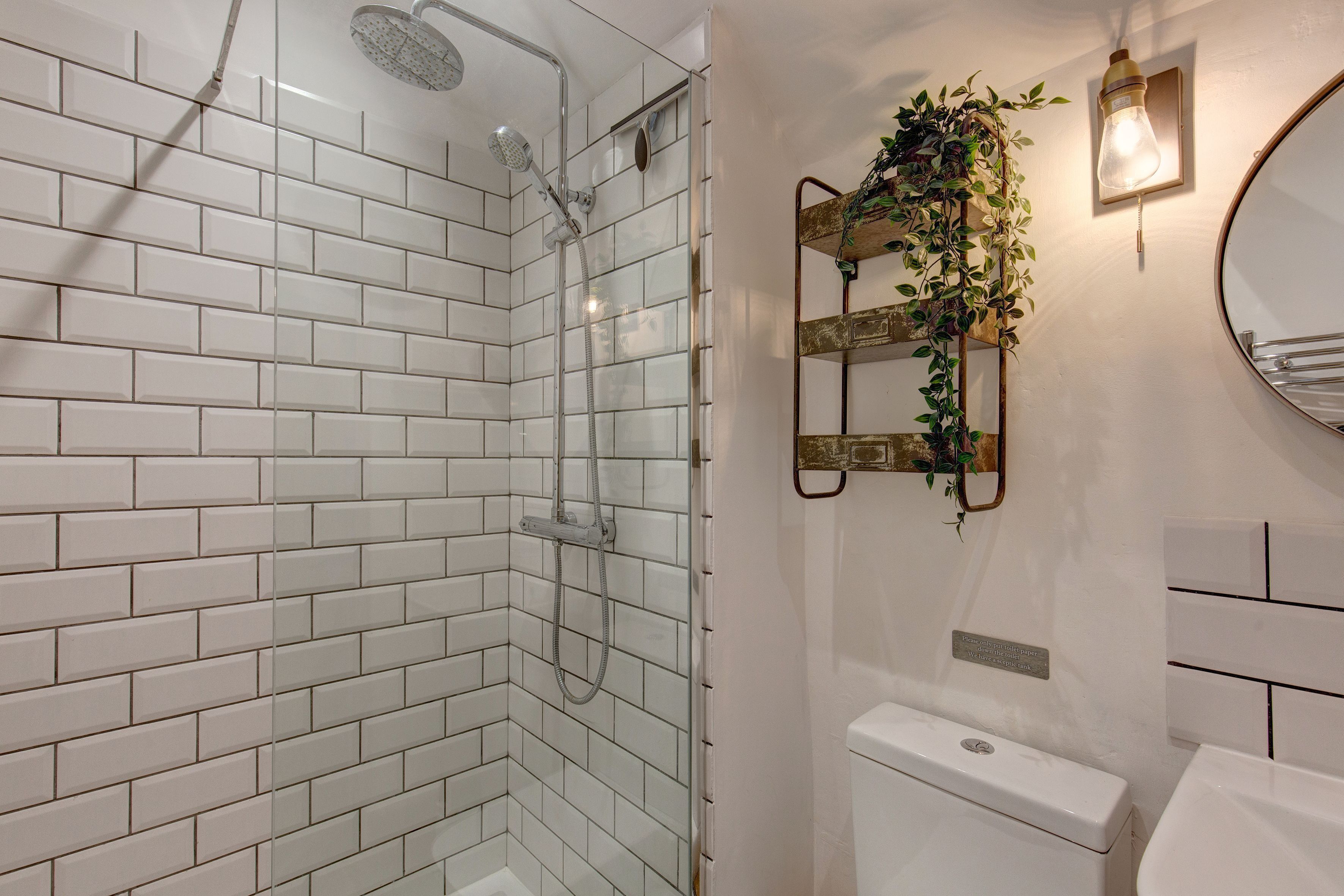 A modern bathroom with white subway tiles, a glass-enclosed shower, a toilet, and a wall-mounted mirror with a plant.