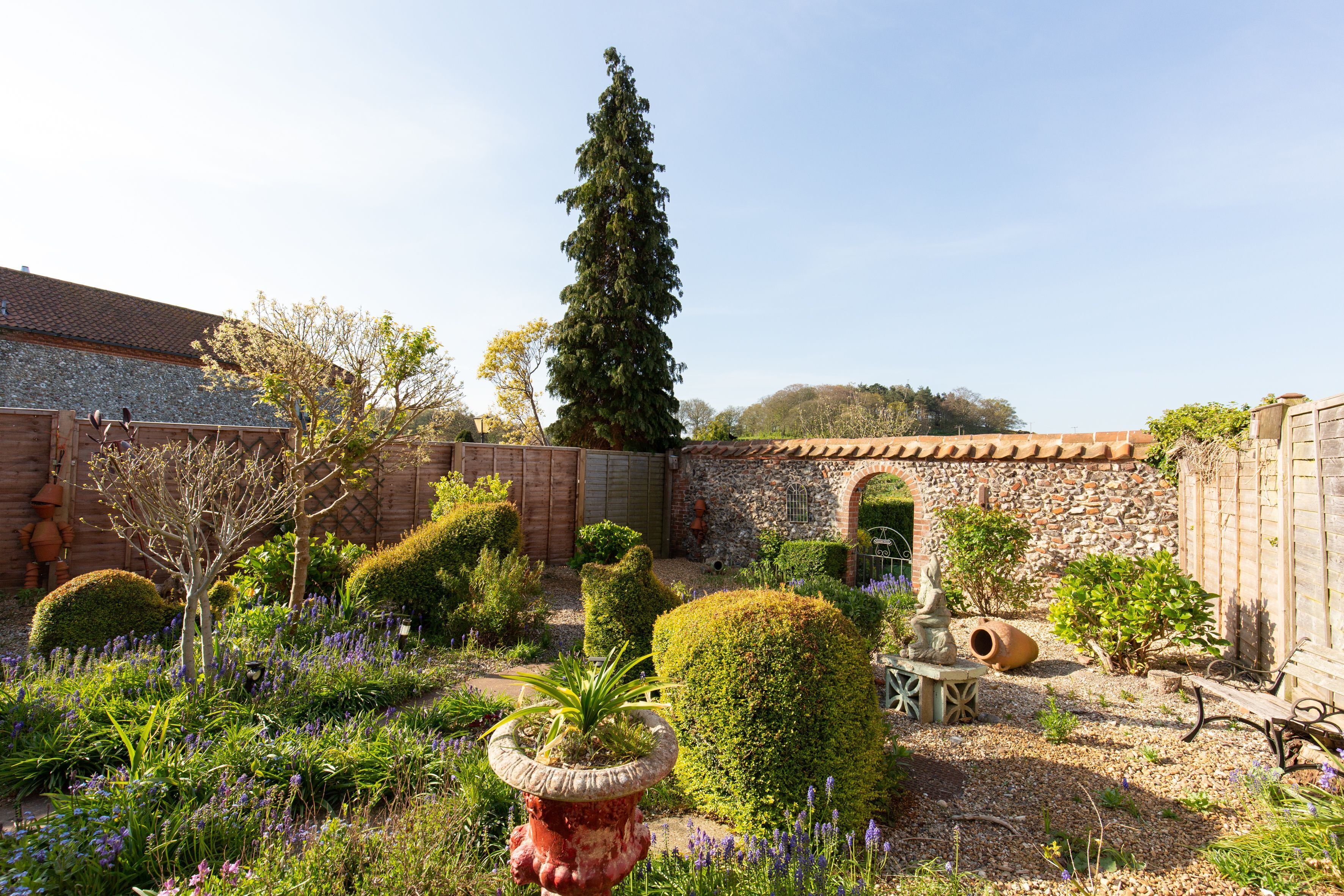 A garden with various plants and a stone wall.