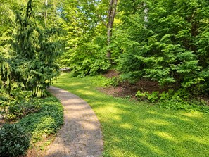 Uma trilha pavimentada serpenteia por um parque verdejante, ladeada por vegetação densa.