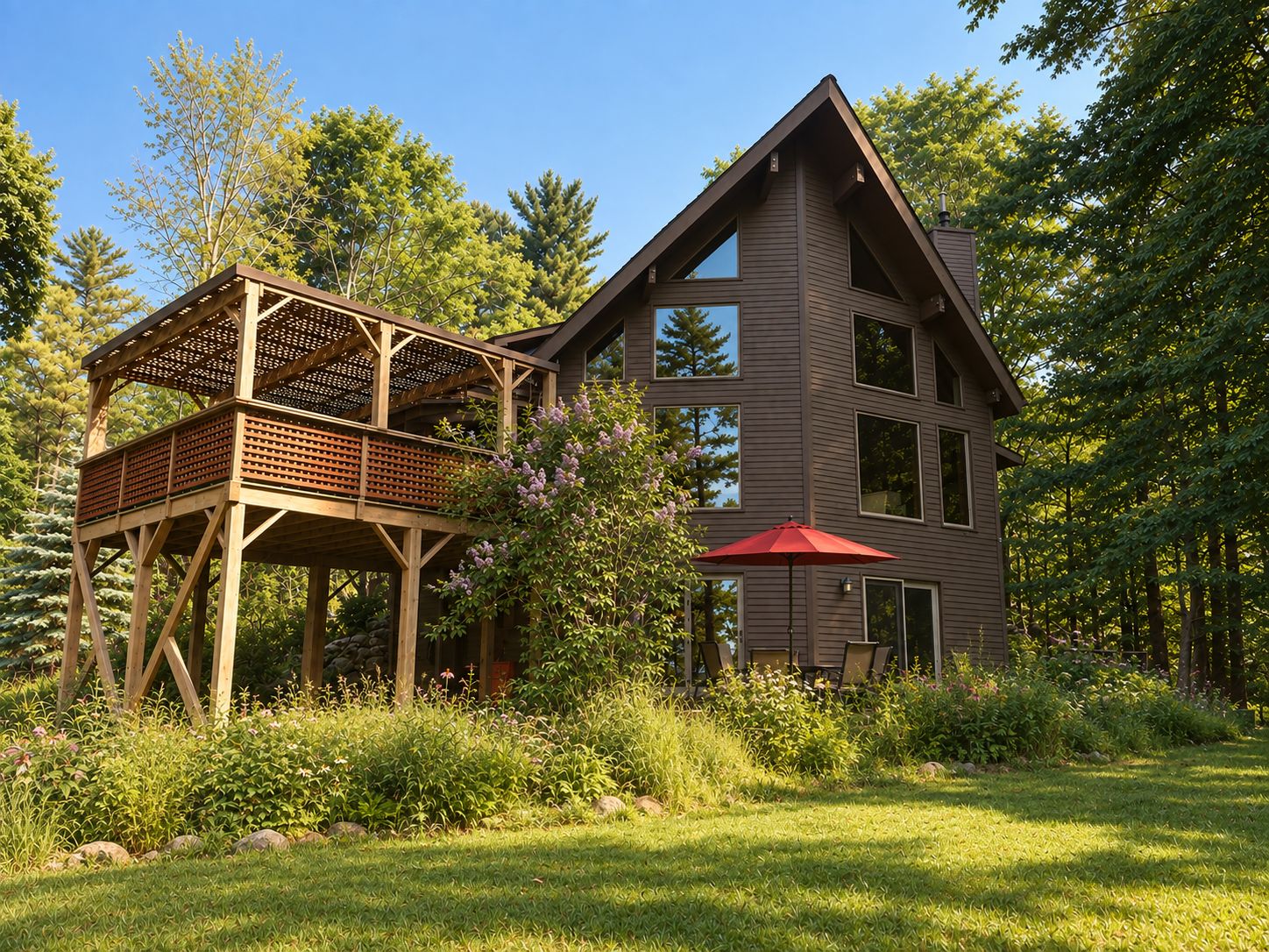 Back of house with expansive windows, a covered deck, patio and beautiful views.