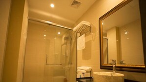 Een moderne badkamer met een douchecabine van glas, een toilet en een wastafel met een grote spiegel erboven.
