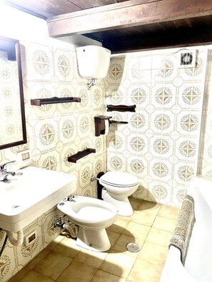 Een bad/douchecombinatie, een bidet